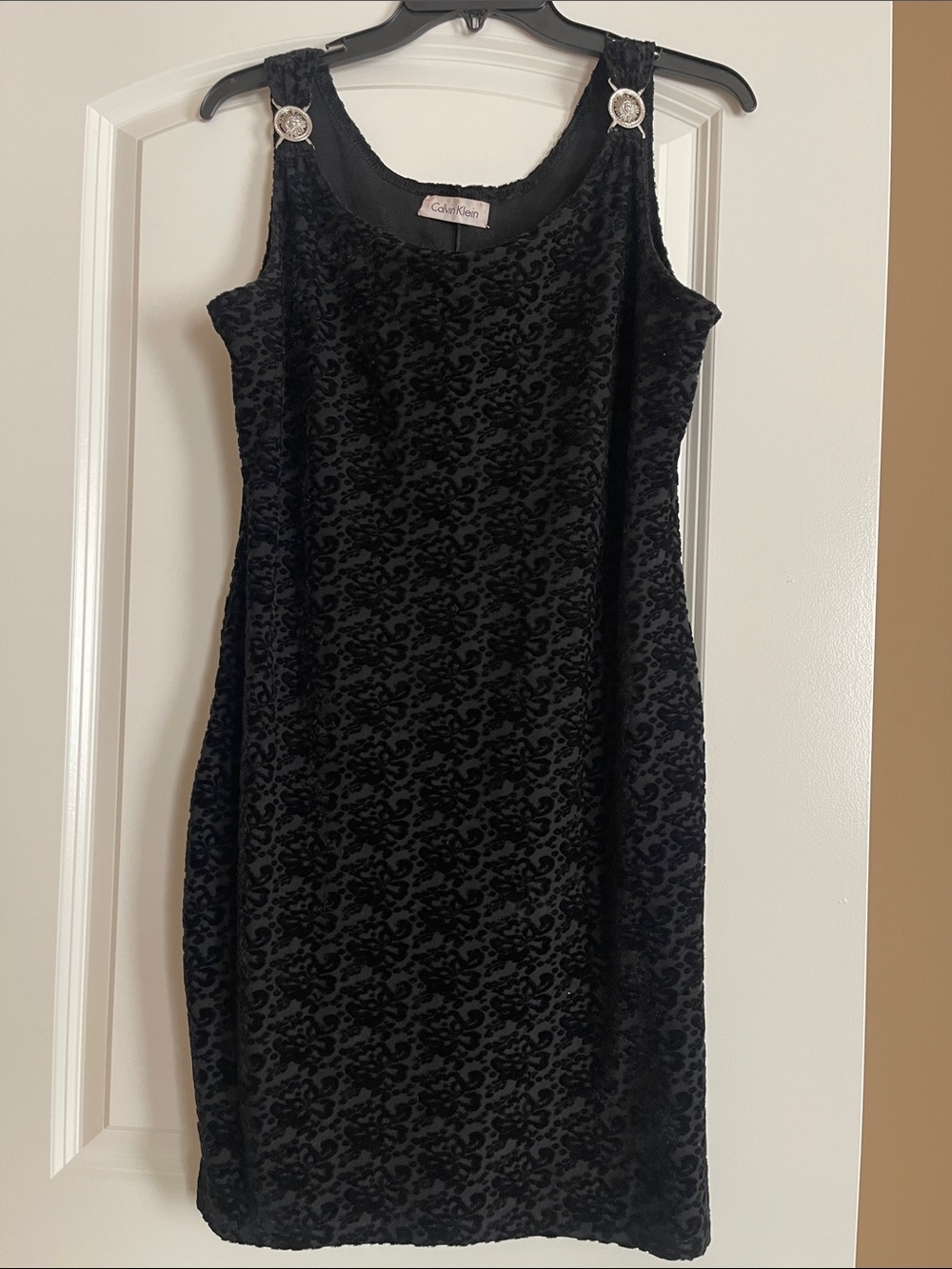 Calvin Klein Black Velvet Jacquard Mini Dress with Embellished Straps
